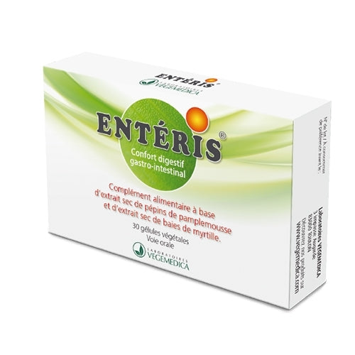 Enteris (Vegemedice) Es un suplemento alimenticio con extracto seco de semillas de pomelo y bayas de arándano, formulado para mejorar la salud.